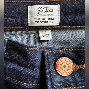 J. Crew 9” High-Rise Toothpick Jeans, Size 30. Dark. Excellent used condition.